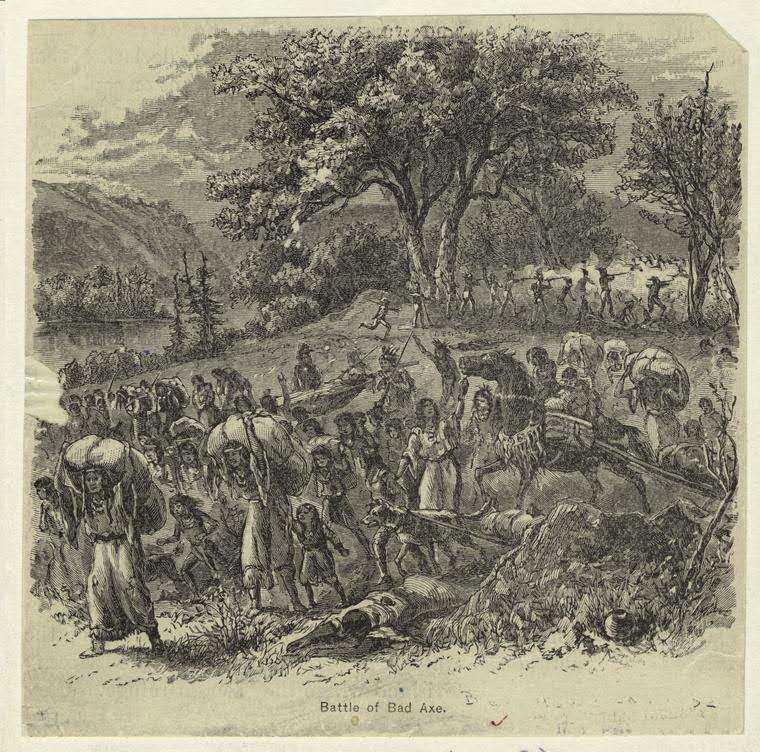 原住民妇女及儿童在坏斧头战役后为了逃命而准备跨越密西西比河
