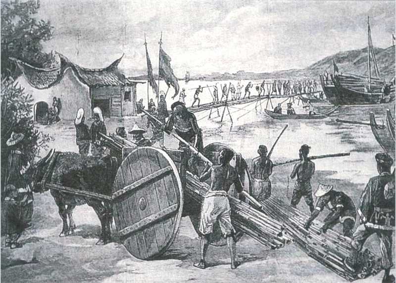 1895年6月8日《伦敦画报》所刊黑旗军以竹竿搭建简单竹桥
